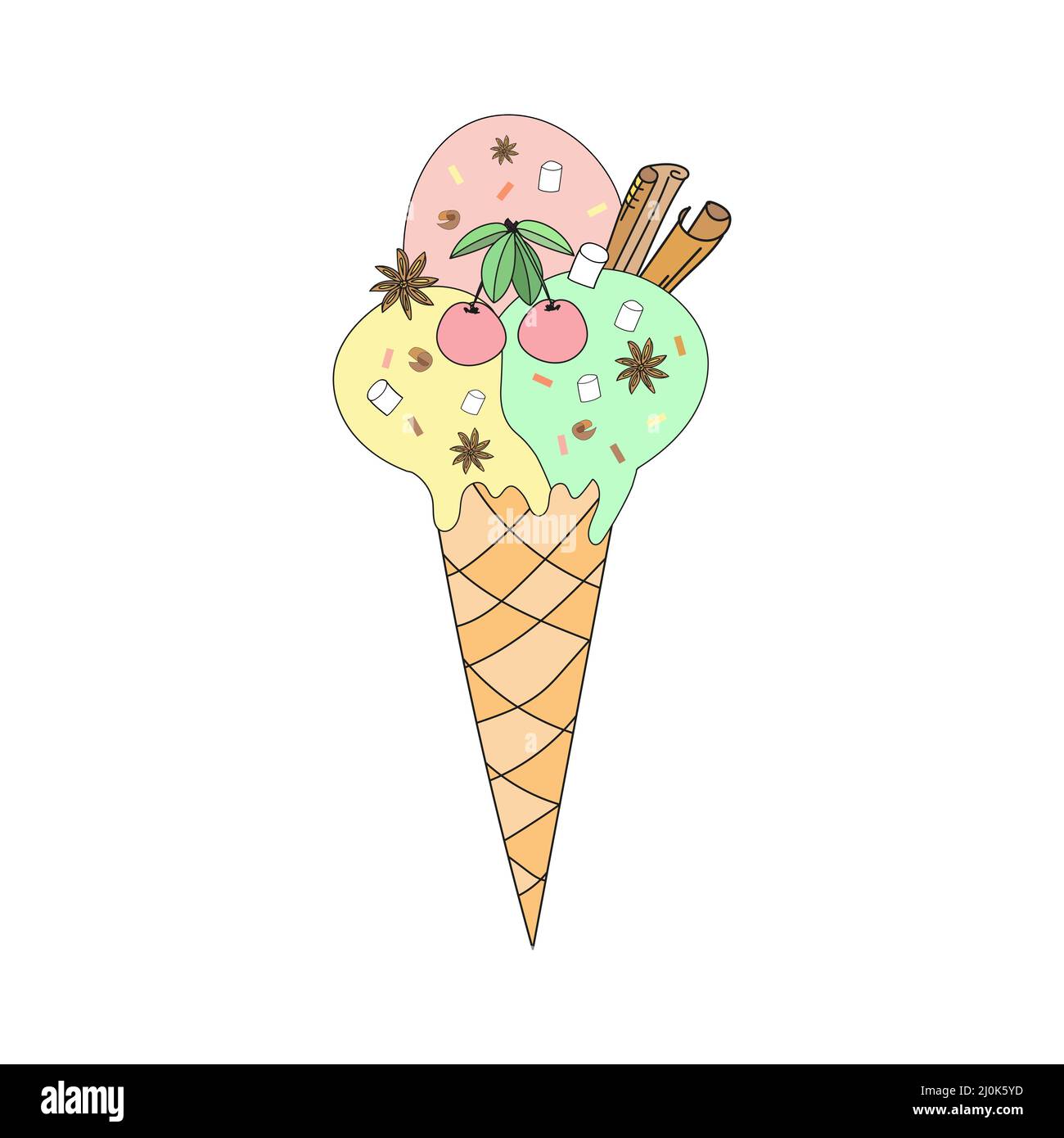 Eiskegel mit Kirsche und Zimt. Vektorgrafik im Doodle-Stil. Stock Vektor