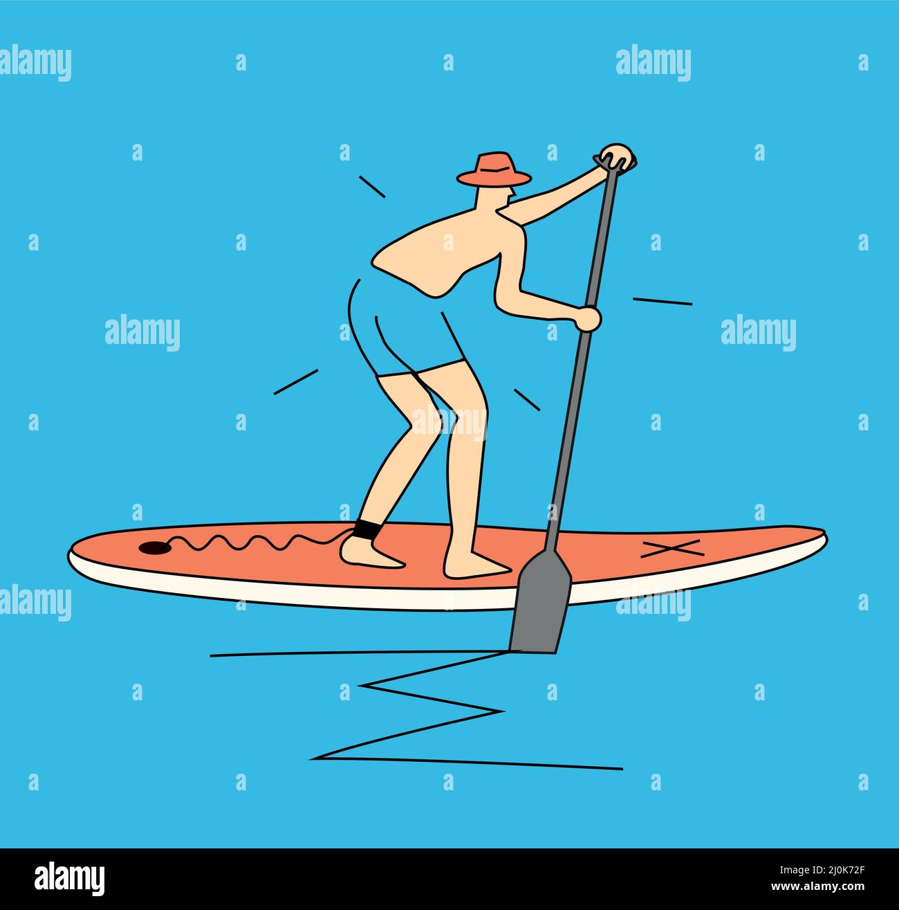 Lustige Anfänger auf Paddleboard, Cartoon. Stilisierte einfache Illustration eines lustig verängstigten Mannes mit Hut, der auf einem Paddleboard reitet. T-Shirt-Design. Vector ava Stock Vektor