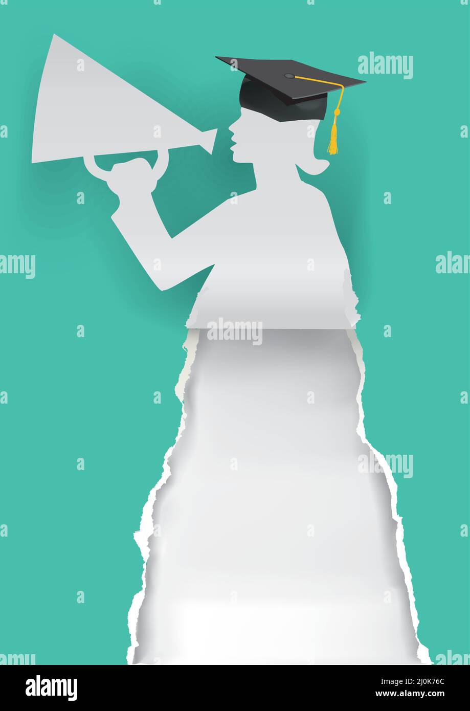Papiersilhouette des Absolventen, Bannervorlage. Papier Silhouette von Graduate Girl mit Megaphon ripping Papier mit Platz für Ihren Text oder Bild. Stock Vektor