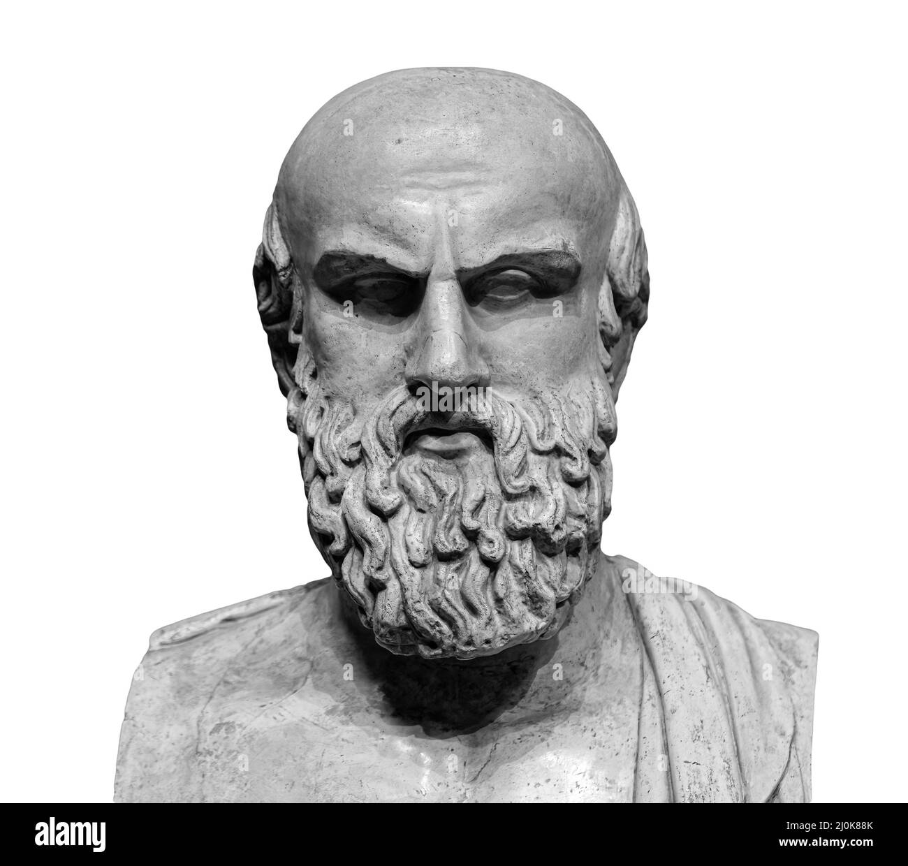 Alte Statue des griechischen Dichters Aeschylus isoliert auf weißem Hintergrund. Alte Bart Mann Skulptur Stockfoto
