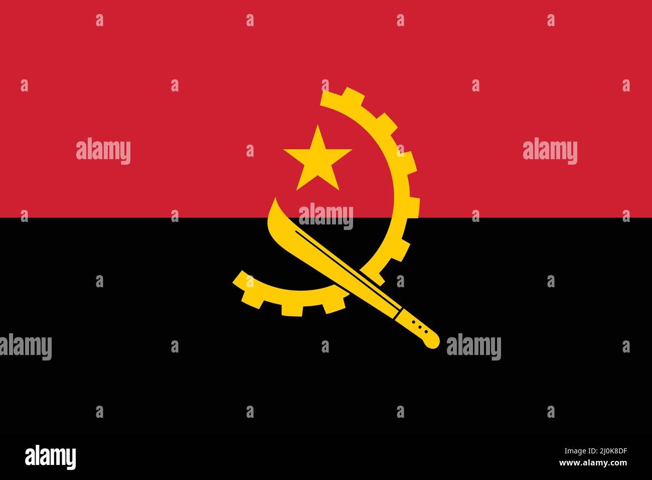 Angolanische National Flag Vector Illustration als EPS. Sie ist horizontal in eine obere rote und eine untere schwarze Hälfte mit einem Emblem geteilt, das auf dem ruht Stock Vektor