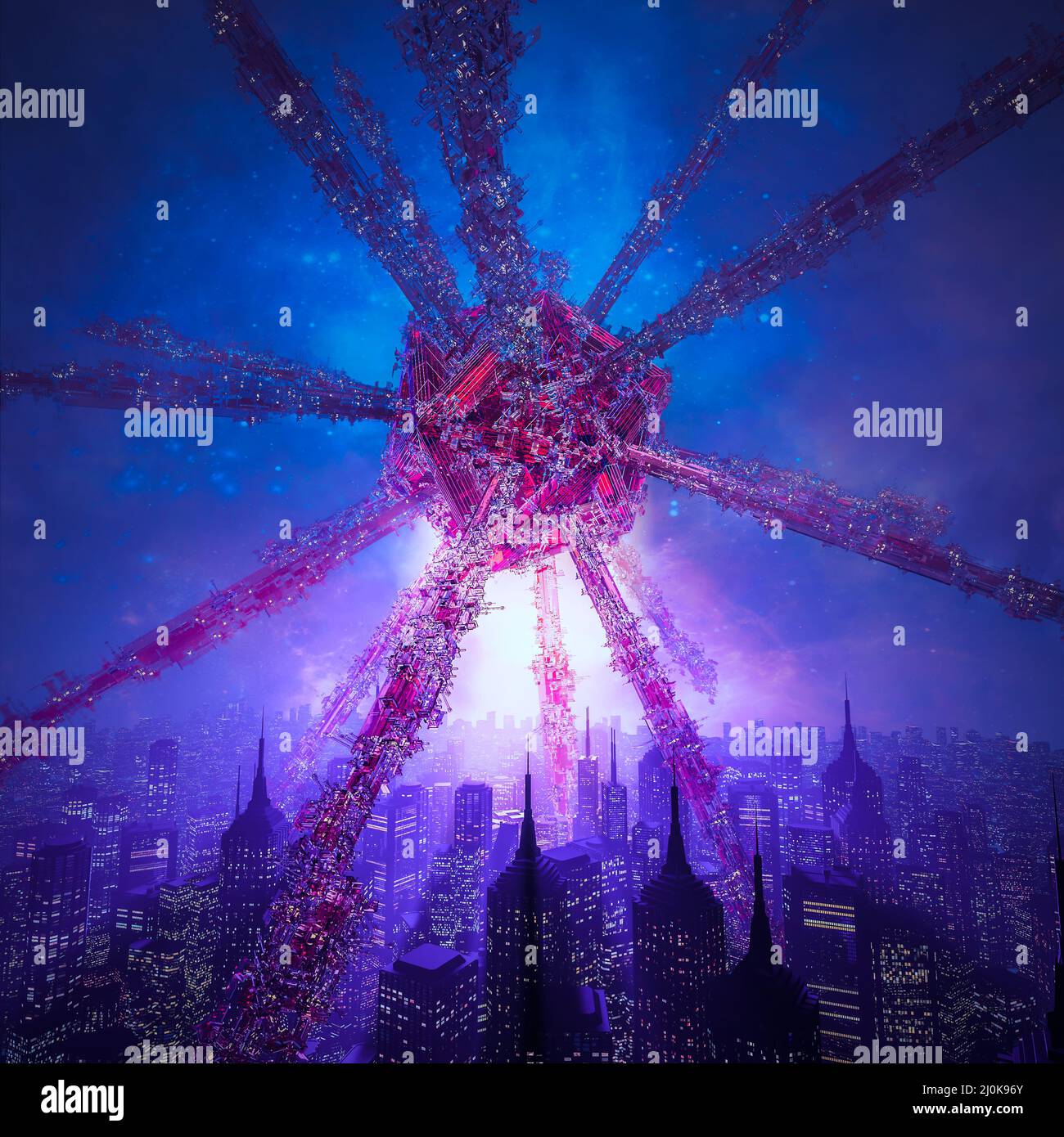 Invasion Node - 3D Illustration der Science-Fiction-Szene mit riesigen Alien-Raumschiff schwebt in den Himmel über der Innenstadt von großen modernen Stadt an Stockfoto