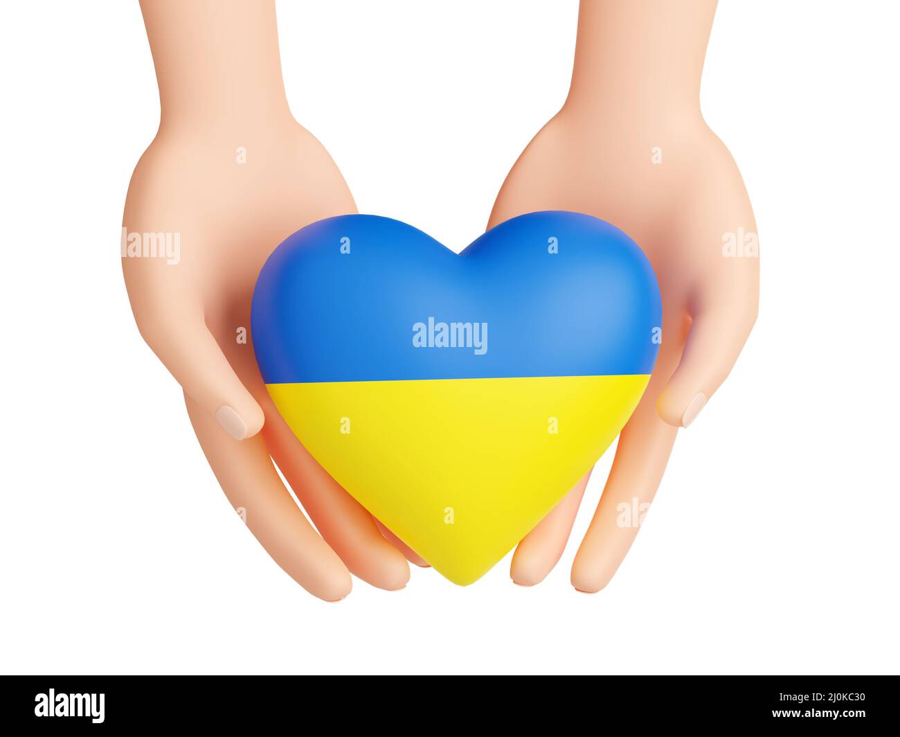 Hilfe Ukraine - Herz der blauen und gelben ukrainischen Flagge Farben in menschlichen Händen 3D Render Stockfoto