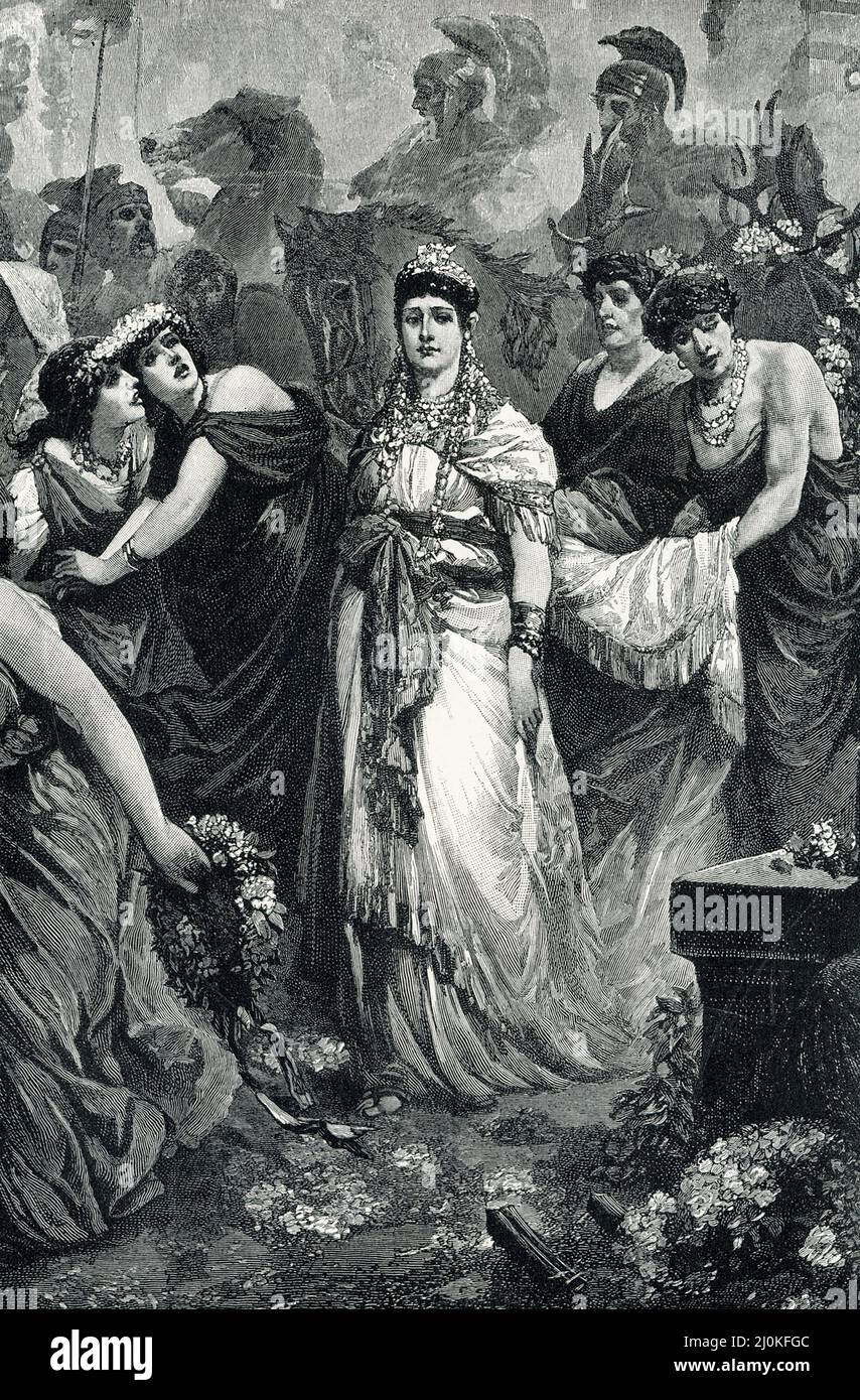 Die 1906 Überschrift lautet: „Zenobia im Triumph Aurelians. Aurelian war einer der letzten fähigen Kaiser von Rom. Ein mächtiges arabisches Königreich war am Rande der arabischen Wüsten aufgewachsen. Es wurde von Königin Zenobia regiert, die gleichermaßen für ihren Mut, ihre Schönheit und ihren Intellekt bekannt ist. Ihre Armeen hatten sich den Vorgängern Aurelians widersetzt und sie besiegt. Er stürzte ihr Reich und feierte seinen Sieg durch einen großen Triumphzug, in dem Zenobia gezwungen war, in Ketten durch die römischen Straßen zu gehen.“ Die Wahrheit über Zenobia ist schwer zu ermitteln. Es wird angenommen, dass Zenobia nach 274 n. Chr. starb und hist Stockfoto