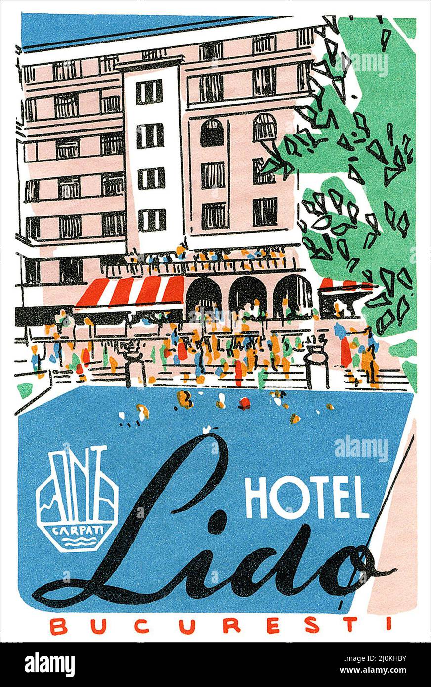 Altes Gepäcketikett für das Hotel Lido, Bukarest, Rumänien. Jetzt das Lido by Phoenicia Hotel. Stockfoto