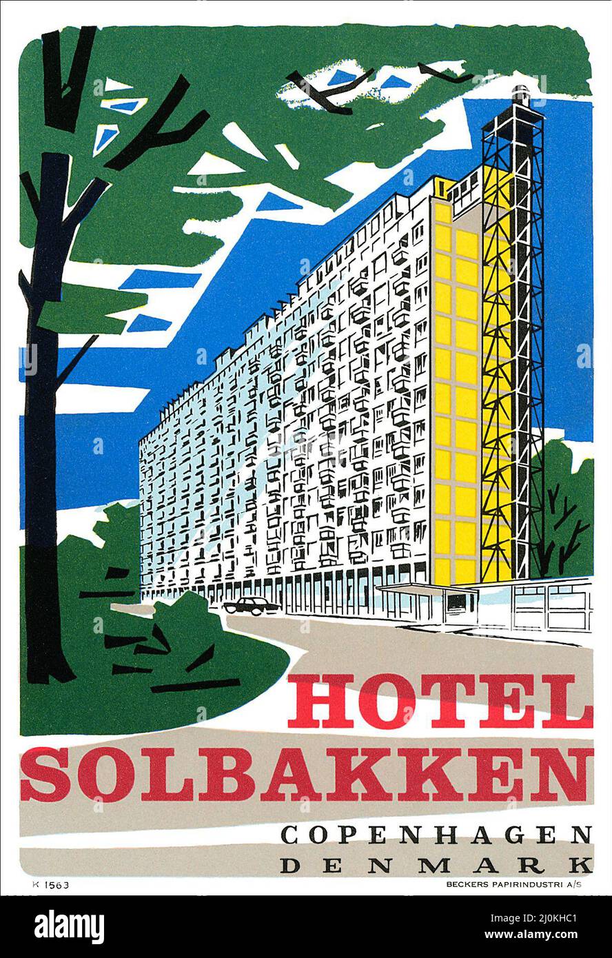 Altes Gepäcketikett für das Hotel Solbakken, Kopenhagen, Dänemark. Stockfoto