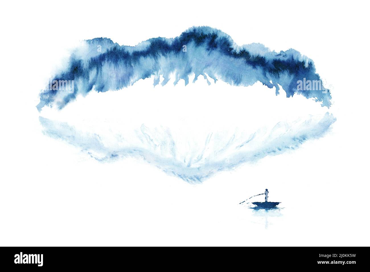 Japanische sumi blaue Landschaft abstrakt, Berg und See, natürliche Grunge Aquarell Hintergrund, Tinte Kunst, Illustration Stockfoto