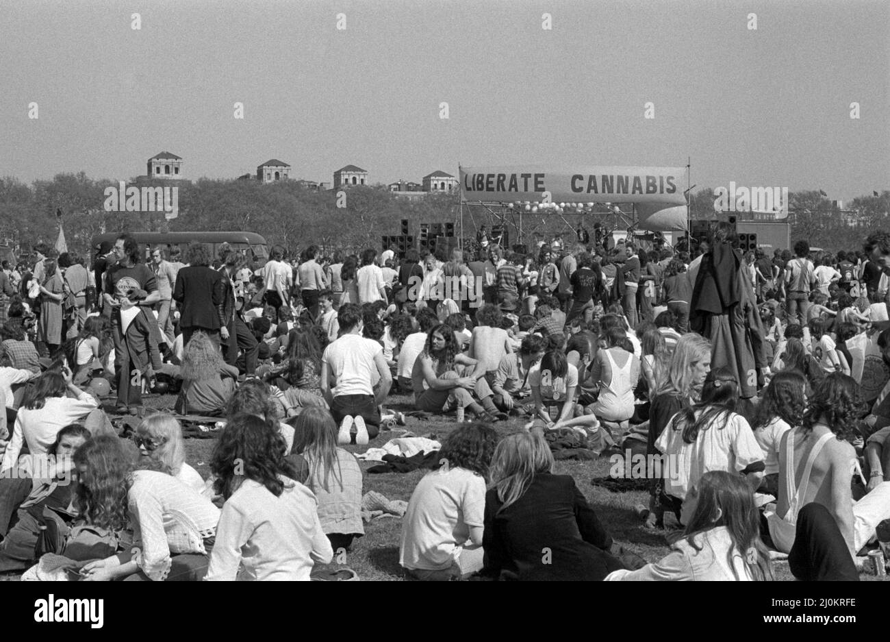 Liberate Cannabis Demo im Hyde Park, London, England im Jahr 1980. Stockfoto