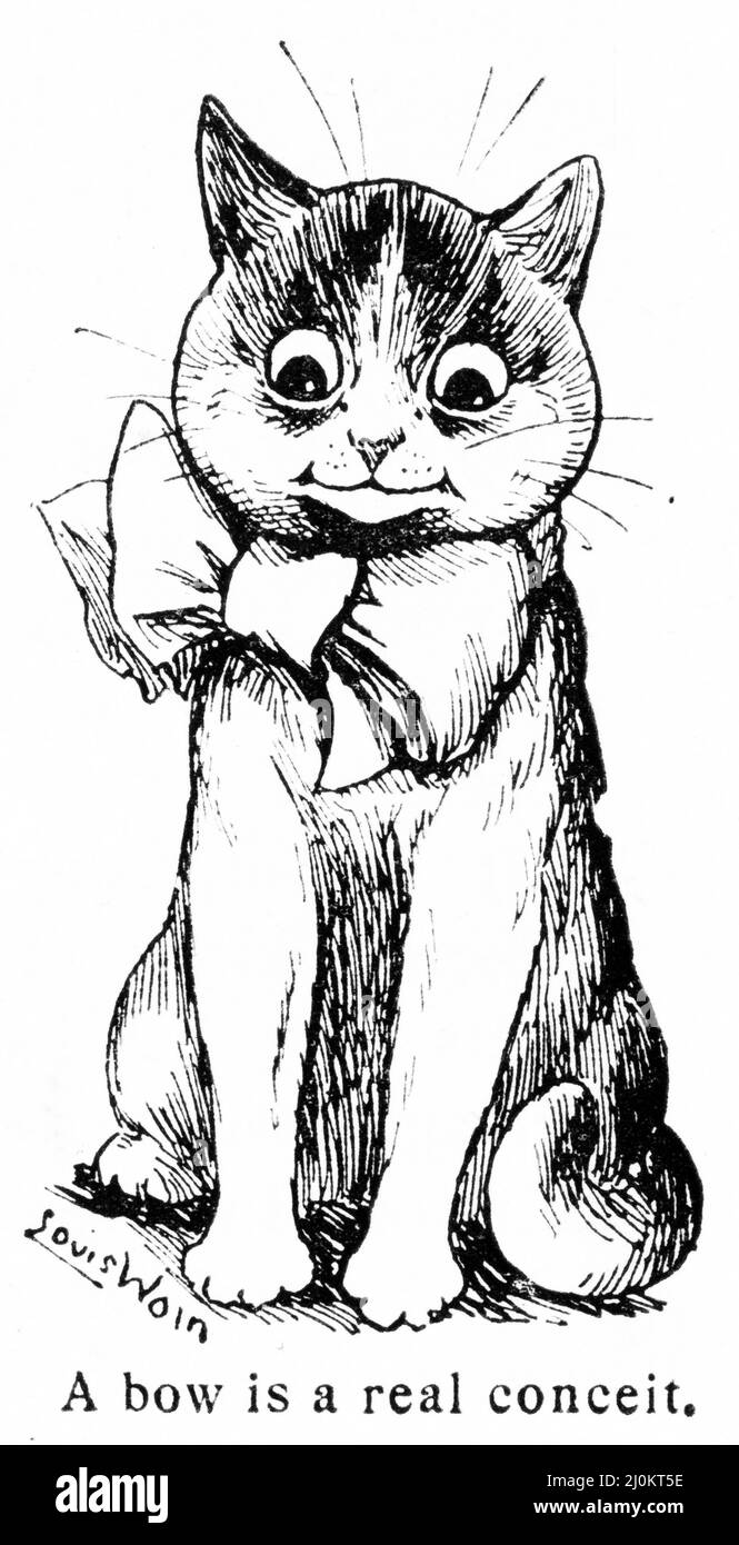 Illustration einer glücklichen Katze, die einen Bogen um den Hals trägt, um 1890 Stockfoto