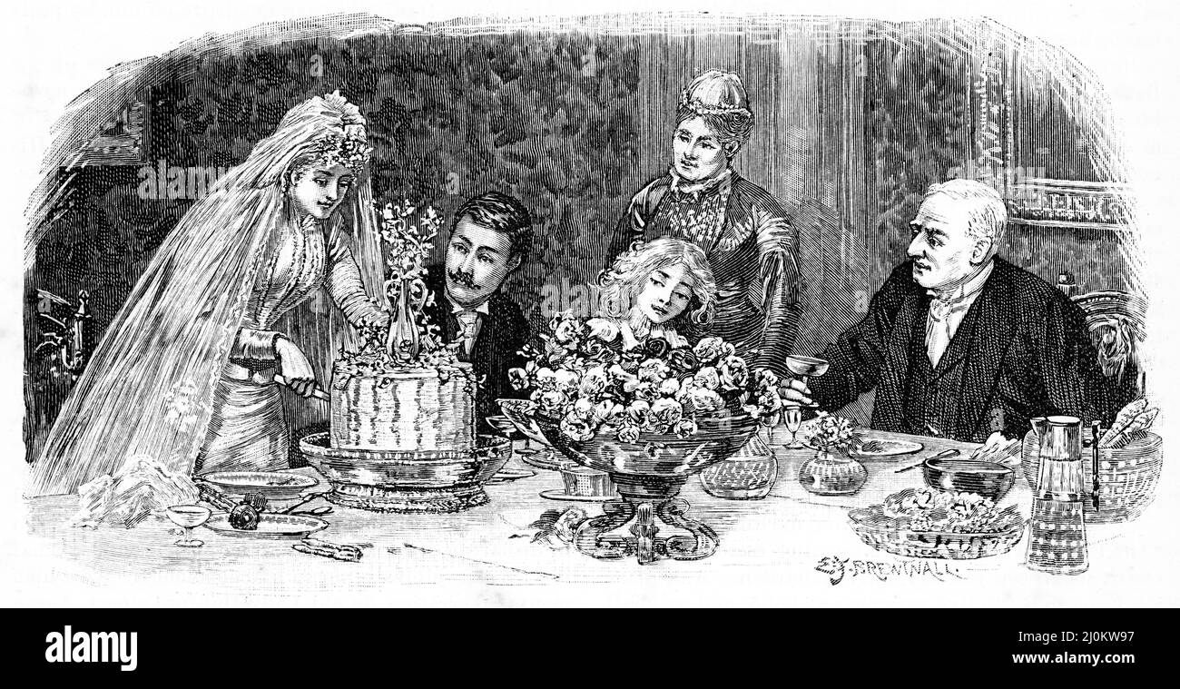 Gravur der Braut, die den Kuchen bei einer traditionellen englischen Hochzeit Schnitt, um 1890 Stockfoto