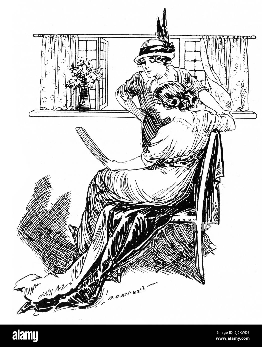 Illustration von zwei jungen Frauen, die ein Magazin lesen, um Anfang 1900s Stockfoto