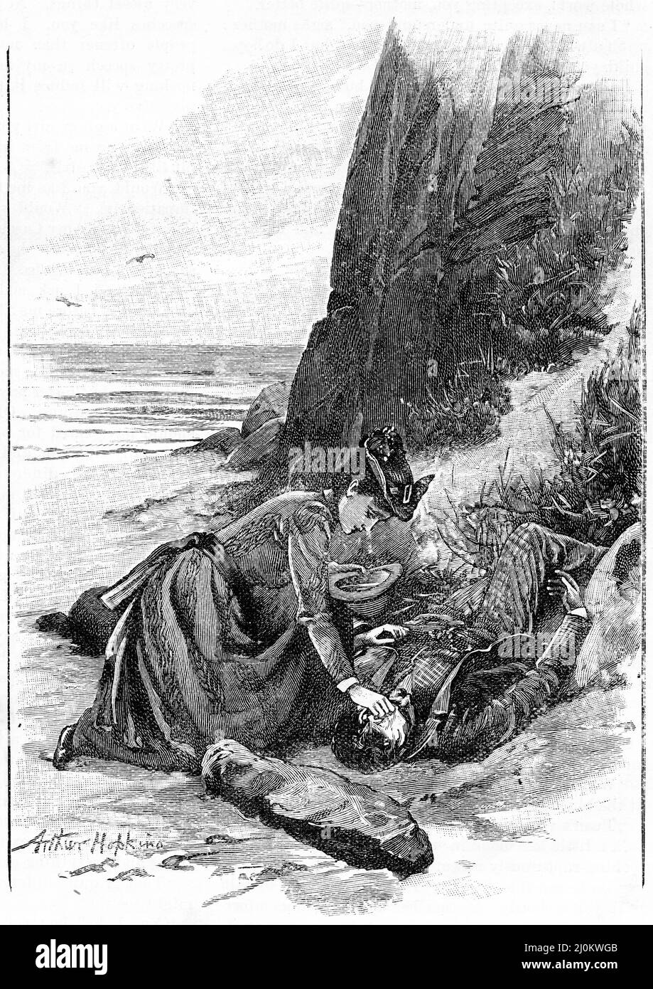 Gravur einer jungen Frau, die einem verwundeten Mann am Fuße eines Hügels Trost spenden soll, um 1890 Stockfoto