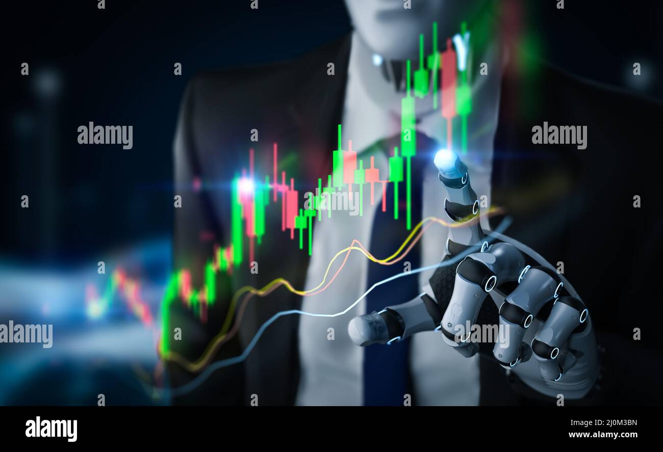 Finanztechnologie-Konzept mit 3D Rendering-Roboter analysieren Aktienmarkt Big Data Stockfoto
