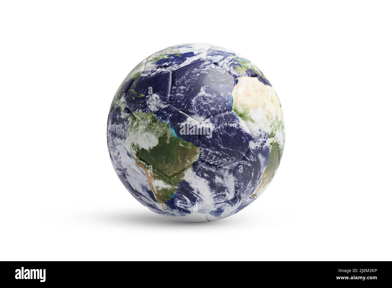 Fußball mit dem realistischen Bild des Planeten Erde isoliert auf weißem Hintergrund. 3D Abbildung. Stockfoto