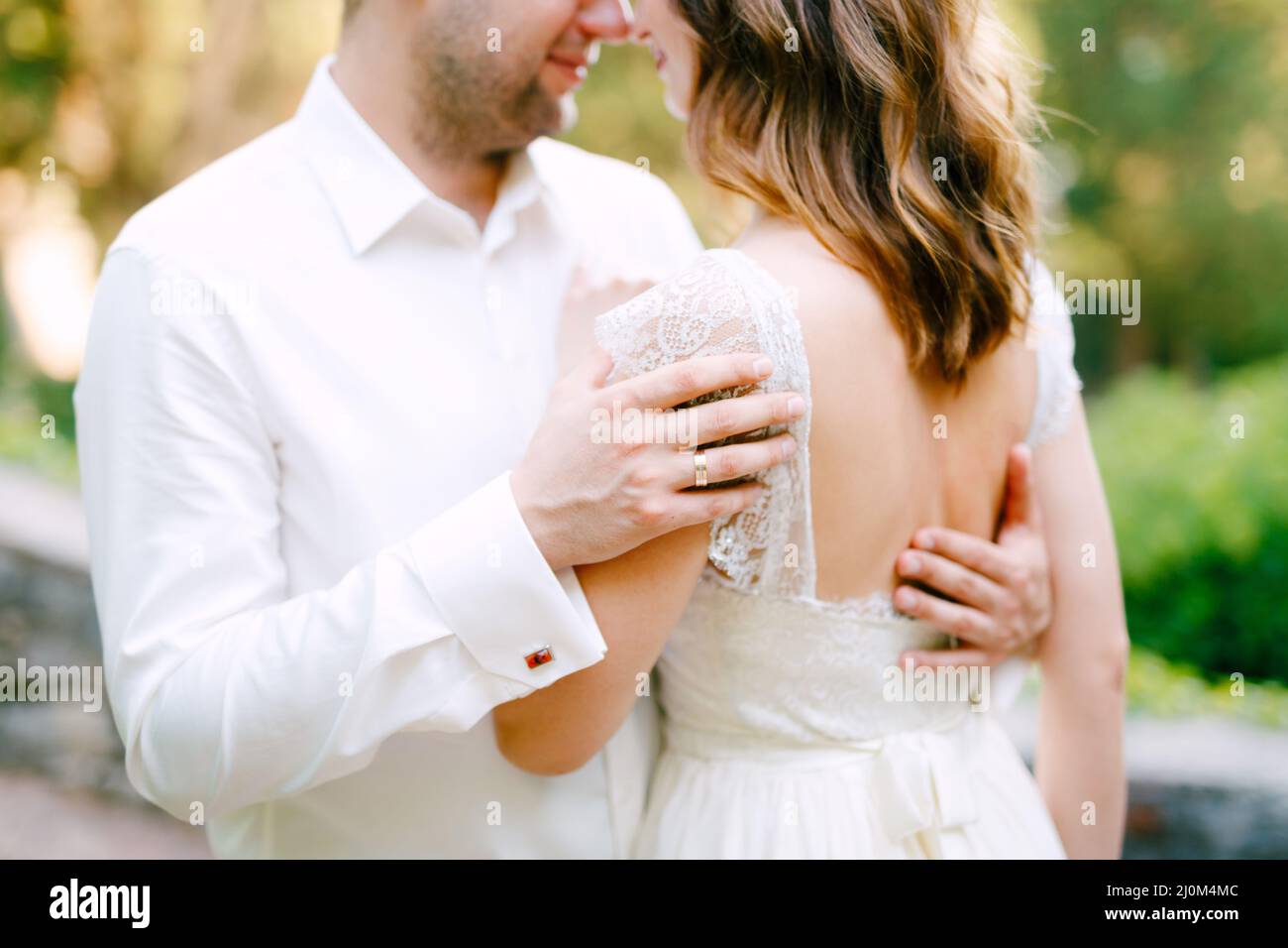 Die Braut und der Bräutigam umarmen sich im Park, der Bräutigam legte seine Hände auf den Rücken der Braut Stockfoto