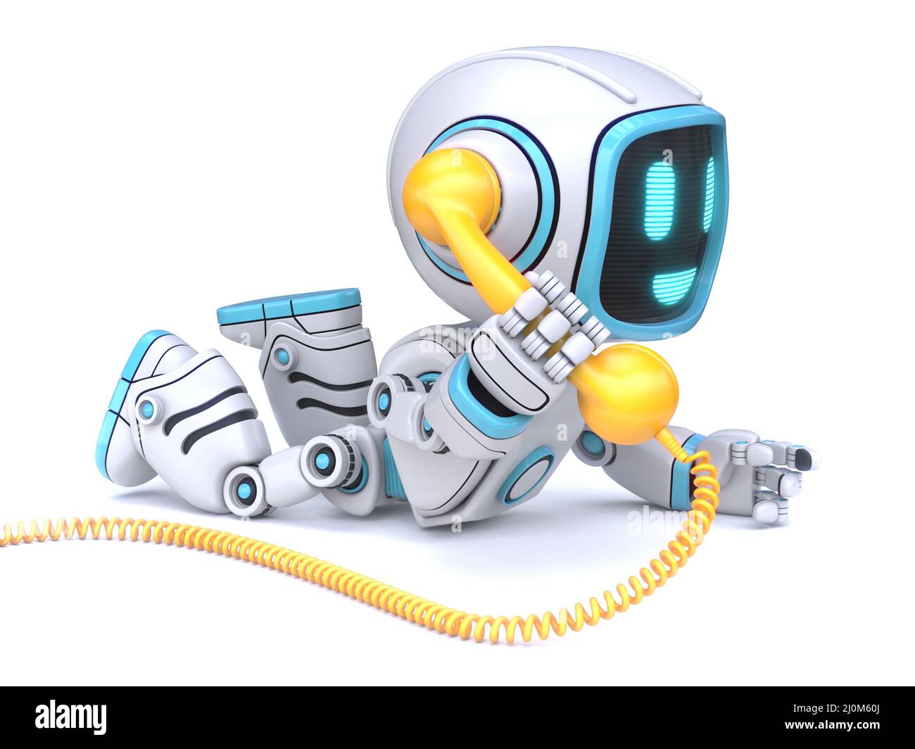 Süßes blaues Roboter halten gelbes Telefon-Headset 3D Stockfoto