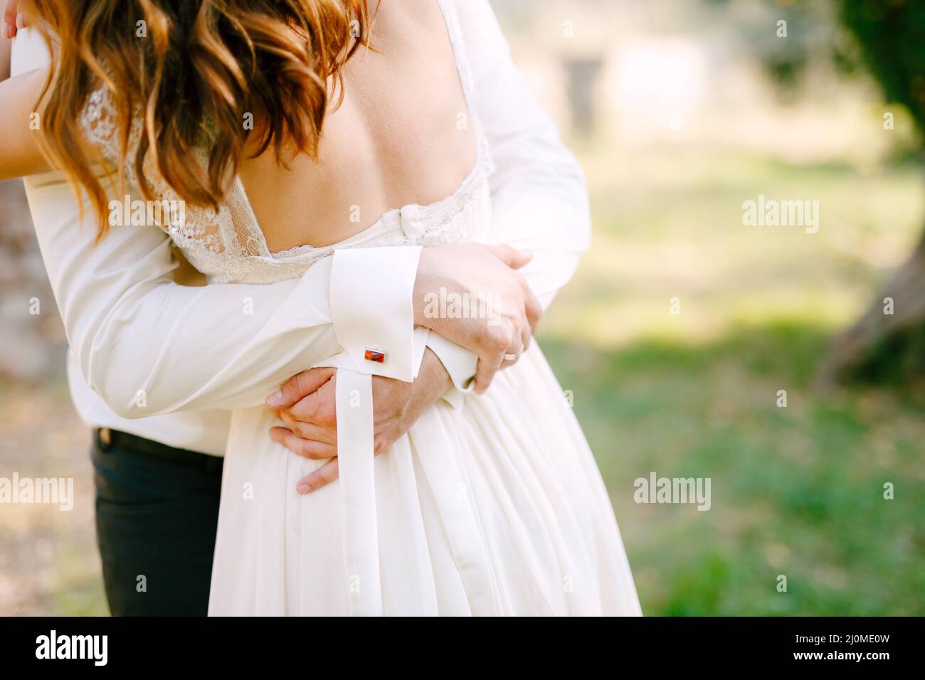 Die Braut und der Bräutigam umarmen sich im Park, der Bräutigam legte seine Hände auf den Rücken der Braut Stockfoto