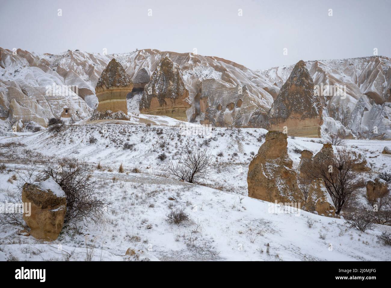 Steinsäulen im Tal der Liebe, Wintertag. Kappadokien, Türkei Stockfoto