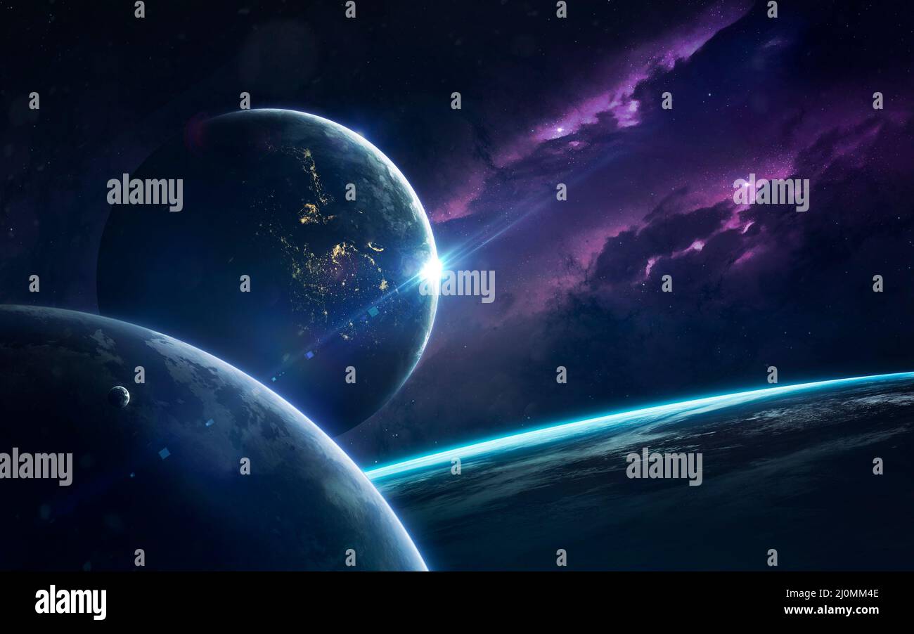 Science-Fiction-Raumtapete, unglaublich schöne Planeten, Galaxien, dunkle und kalte Schönheit des endlosen Universums. Elemente dieses Bildes werden von zur Verfügung gestellt Stockfoto