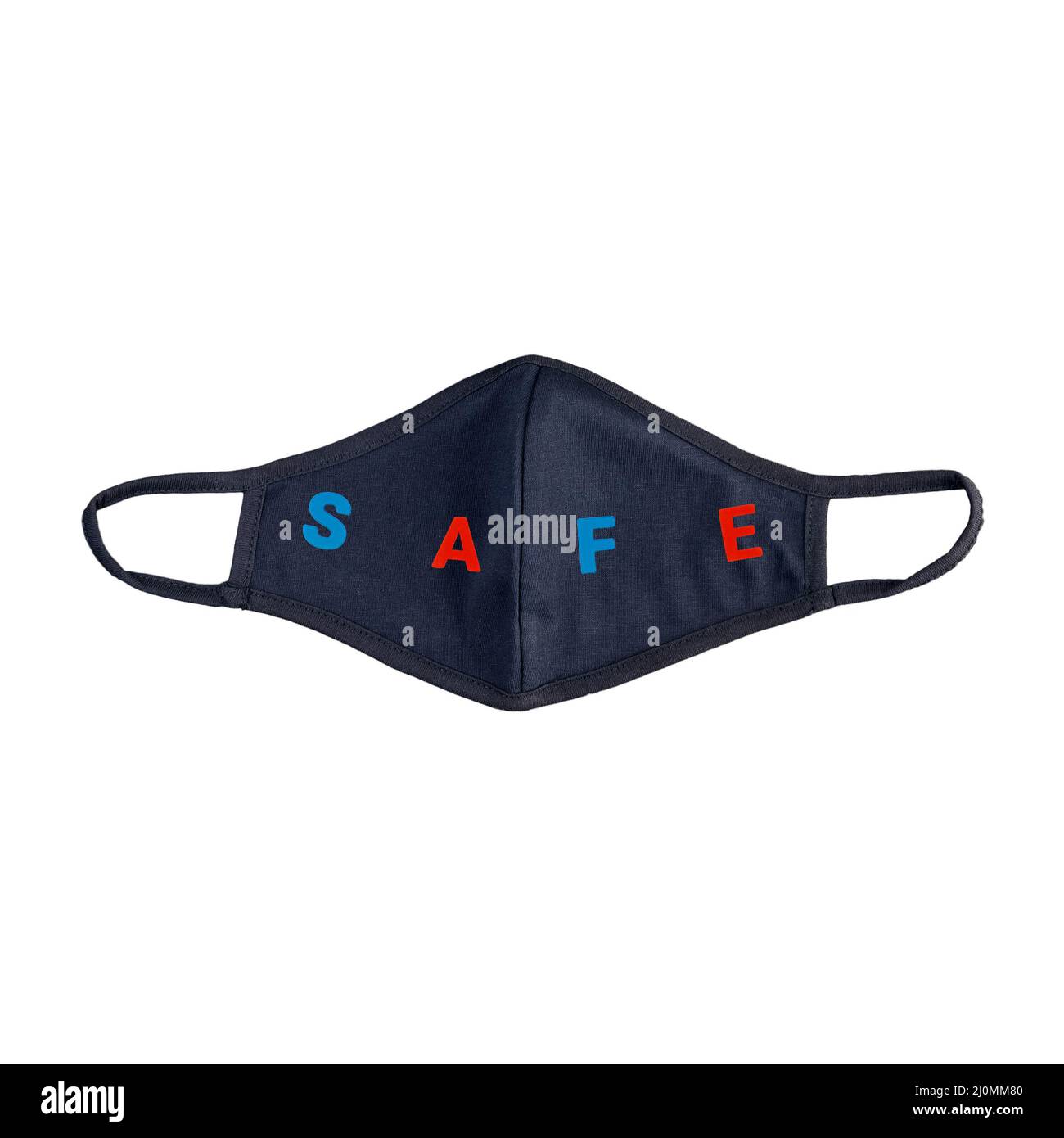 Schützende blaue Maske des Atmungssystems auf weißem Hintergrund mit der Aufschrift der farbigen Buchstaben Sicherheit Stockfoto