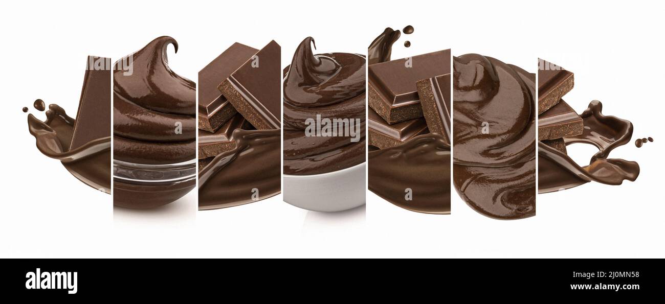 Schokoladen-Collage, Tafeln mit Schokoladenspritzern und Creme Stockfoto