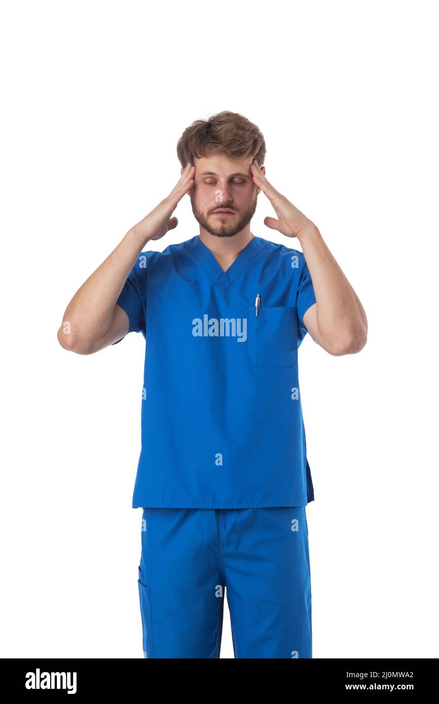 Krankenschwester gestresst mit Kopfschmerzen isoliert auf weißem Hintergrund Stockfoto