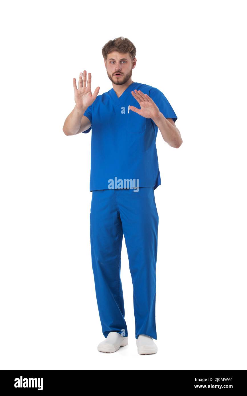 Krankenschwester mit isoliertem Stopphandschild auf weißem Hintergrund Stockfoto