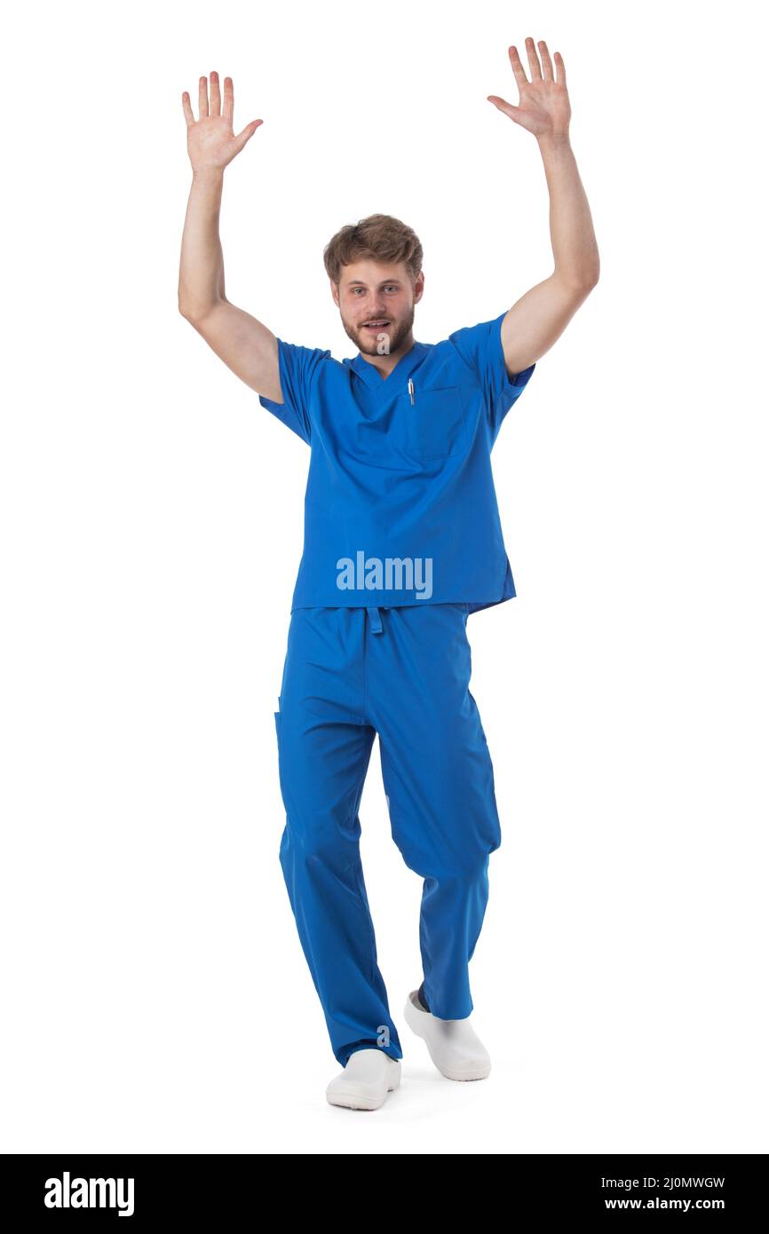 Krankenschwester mit erhobenen Armen isoliert auf weißem Hintergrund Stockfoto