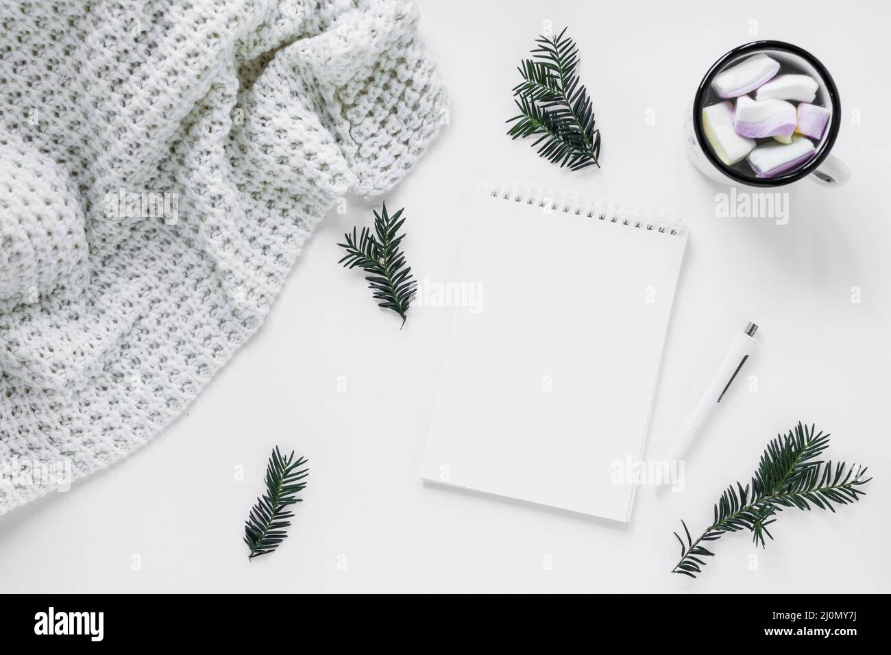Decke heiße Schokolade in der Nähe von Nadelholzzweigen Notizbuch Stockfoto