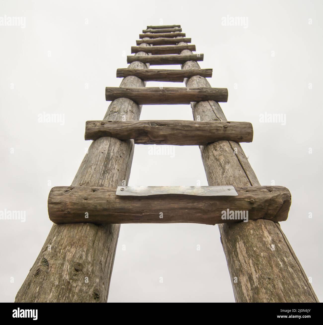 Alte Holzleiter auf der Wiese, die hoch oben in den Himmel führt. Leiter zum Himmel. Symbol der Karriere. Stockfoto