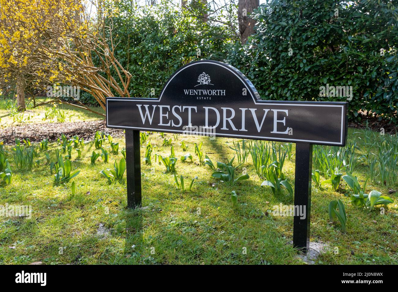 Wentworth Estate Schild, ein privates Anwesen mit großen teuren Häusern in der Nähe des Golfclubs in Surrey, England, Großbritannien Stockfoto