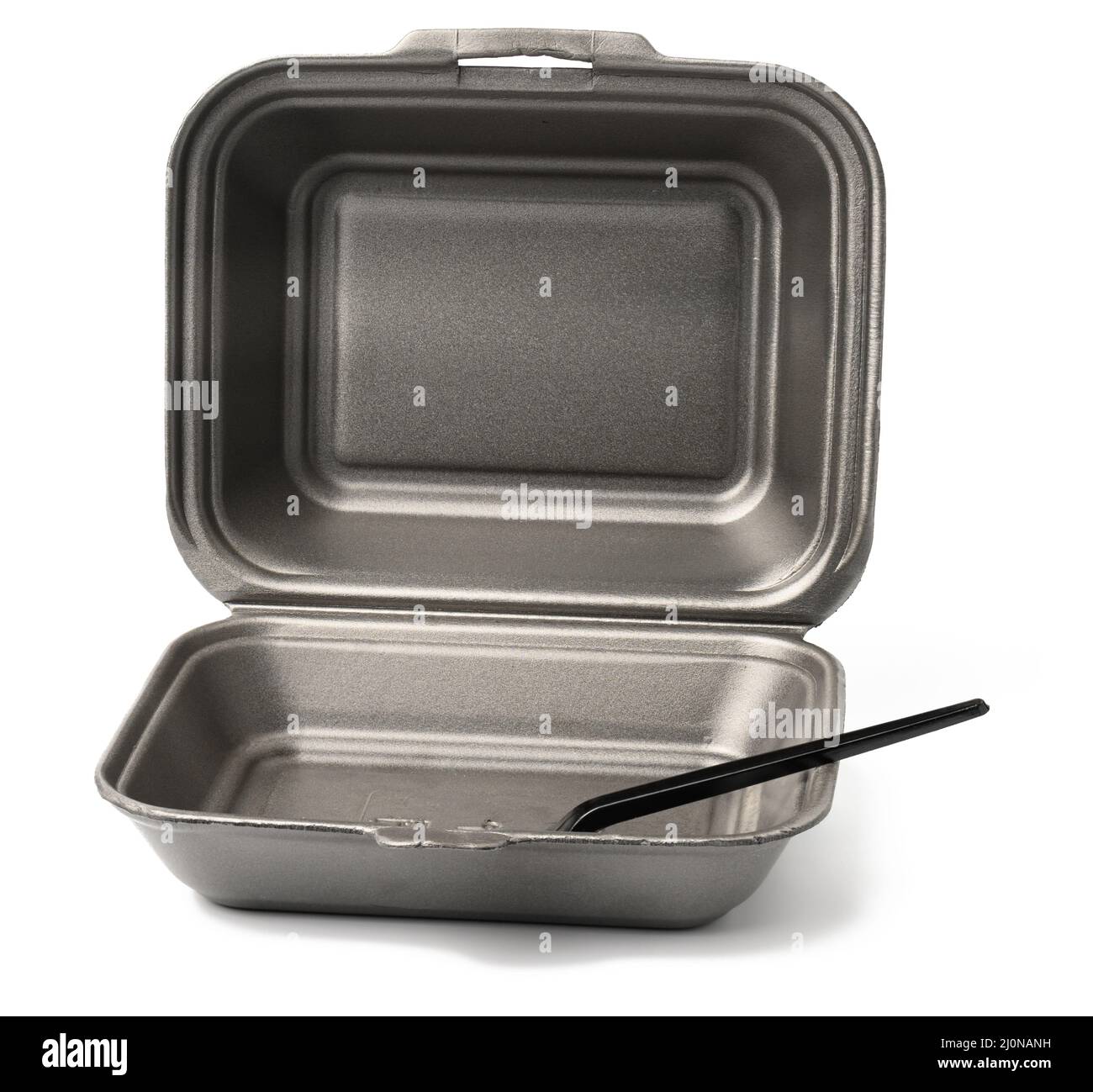 Einmal-Lebensmittelbehälter. Graue Schachtel aus Polystyrol auf weißem Hintergrund Stockfoto