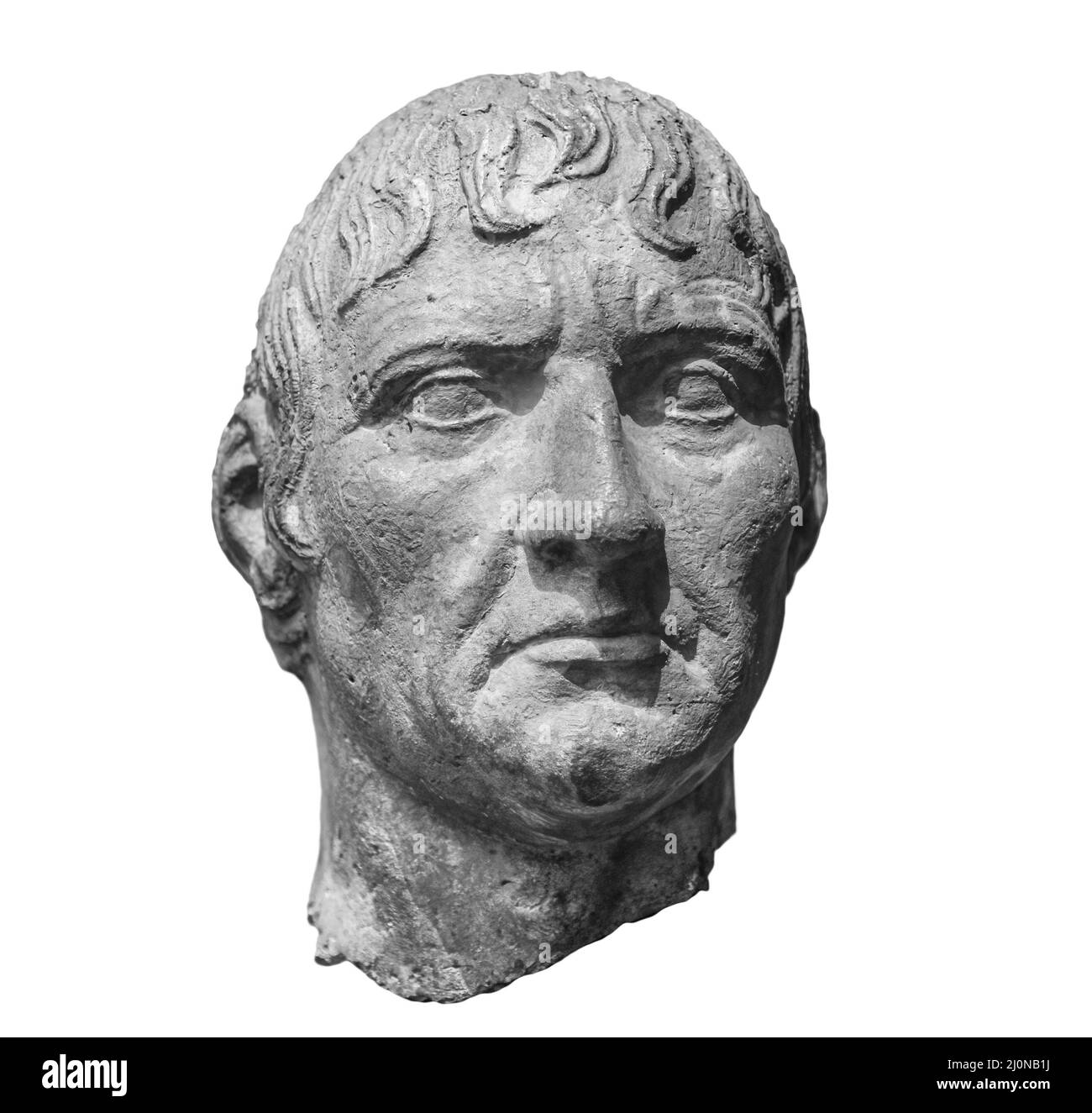 Kopf der edlen römischen Statue. Alte Skulptur isoliert auf weißem Hintergrund. Klassisches Altertum Mann Porträt Stockfoto