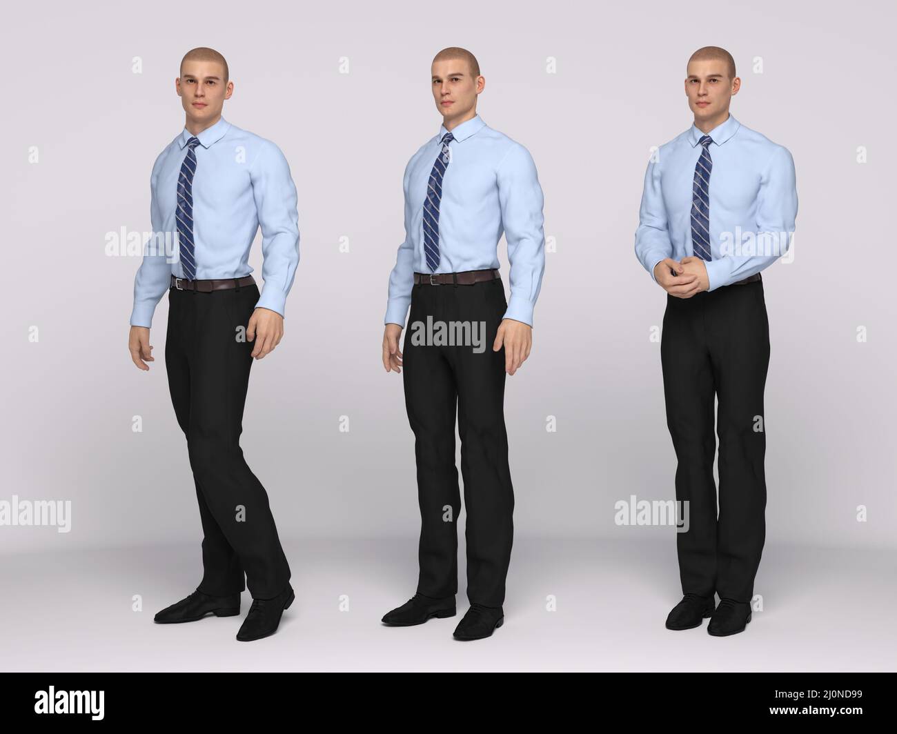 3D Render : Ein männliches Model steht und trägt das Business Outfit, Hemd, Hose mit 3 verschiedenen Körperaktionen Stockfoto