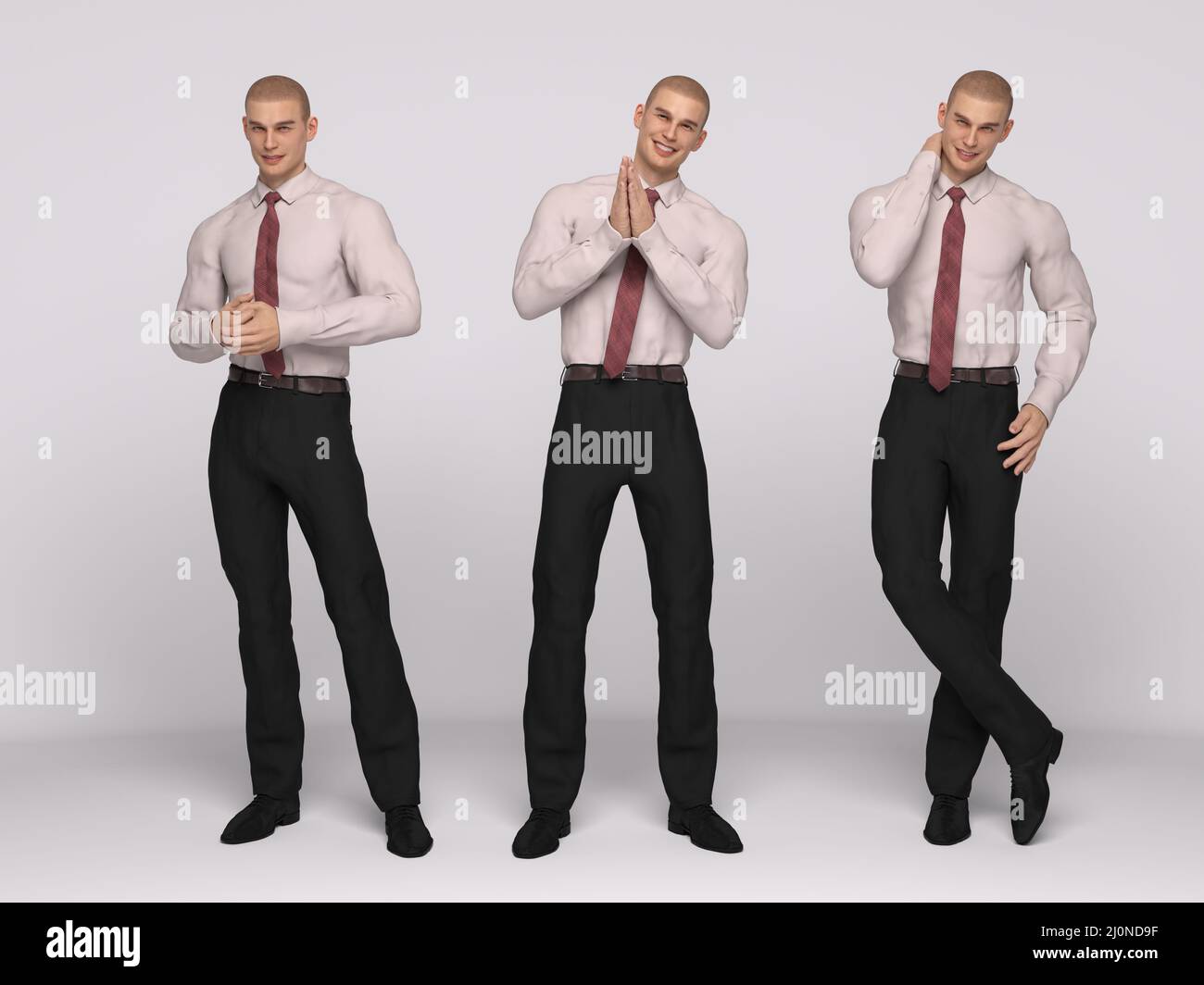 3D Render : Ein männliches Model steht und trägt das Business Outfit, Hemd, Hose mit 3 verschiedenen Körperaktionen Stockfoto