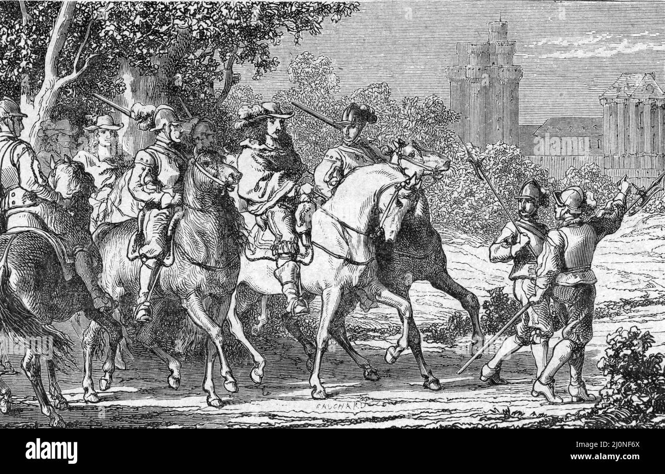 Fronde : 18. Januar 1650 : Arrestation par le Cardinal Mazarin et Anne d'Autriche de Louis II de Bourbon-Conde Prince de Conde dit le duc d'Enghien (1621-1686), du Armand de Bourbon Prince de Conti, et d 'Henri II d'Orleans duc de Longueville qui sont conduits a Vincennes) (Louis de Bourbon, Prinz von Conde oder großer Conde zusammen mit Conti und Longueville verhaftet; in Vincennes inhaftiert, januar 1650) Gravure tiree de 'La France a travers les siecles' de Witt 1897 Collection privee Stockfoto