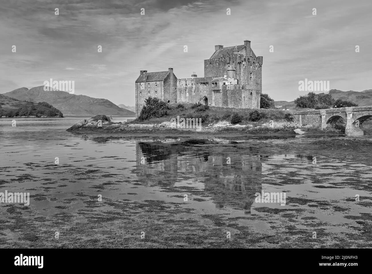 Eilean Donan Castle Schwarz und Weiß Stockfoto