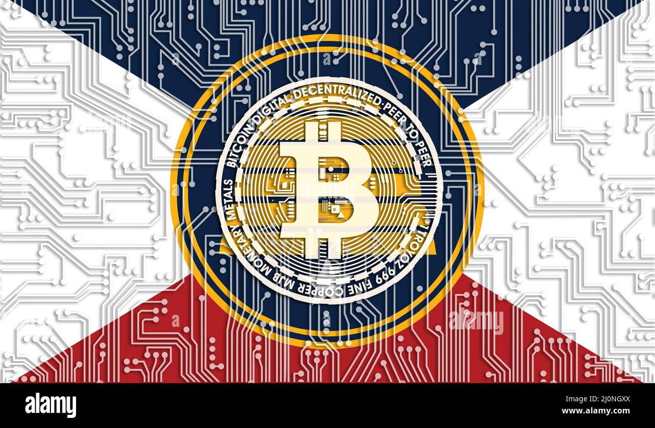 Flagge des Gedenkstaates Utah, USA, und Bitcoin, integriertes Leiterplattenmuster. Bitcoin-Aktienwachstum. Blockchain-Technologie und Konzeptual imag Stockfoto