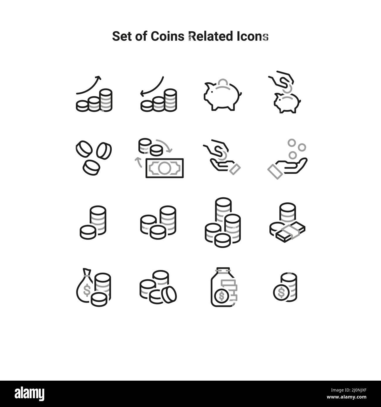 Einfacher Satz von Münzsymbolen. Enthält Symbole wie Münzstapel und Spende. Stock Vektor