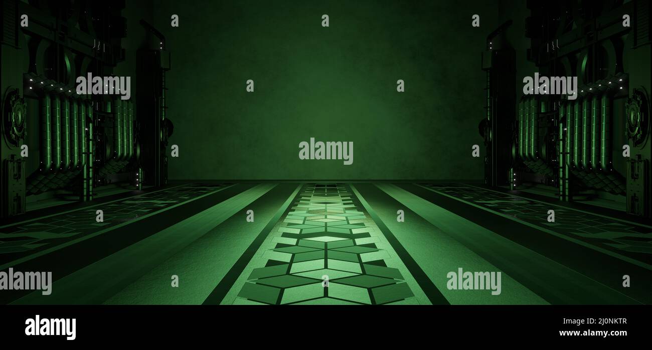 Empty Cyber Hall Studio Cyber Future Stage Korridor Avant Garde Olivgrüne Farben Abstraktes Hintergrundtapete Interdimensional Als Hintergrund Verwendet 3 Stockfoto