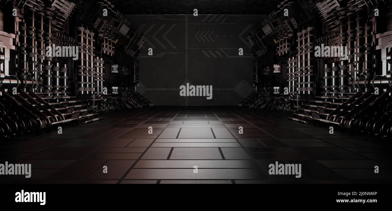 Neon Glow Futuristic Space Laboratory Phantom silbergrau Hintergrundtapete Raumschiff Architektur 3D Illustration Stockfoto