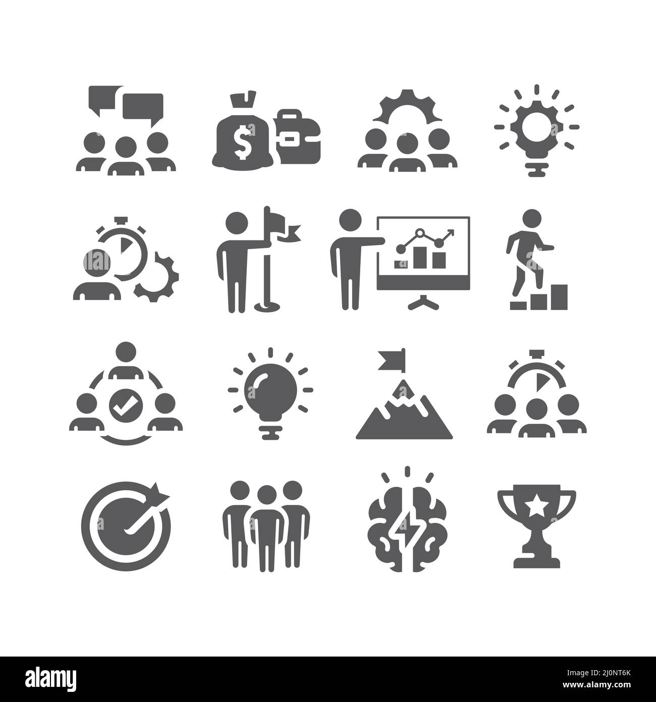 Teamwork, Human Resources Black Icon Set. Vektorsymbole für Unternehmensleitung, Mitarbeiterleistung gefüllt. Stock Vektor