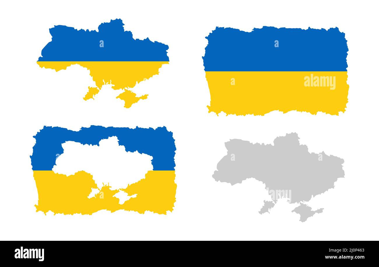 Vektor-Set von Karten der Ukraine, verschiedene Umrisse Schlaganfall Karten, Karte in Form einer Flagge. Beten Sie für die Ukraine, speichern Ukraine Stock Vektor
