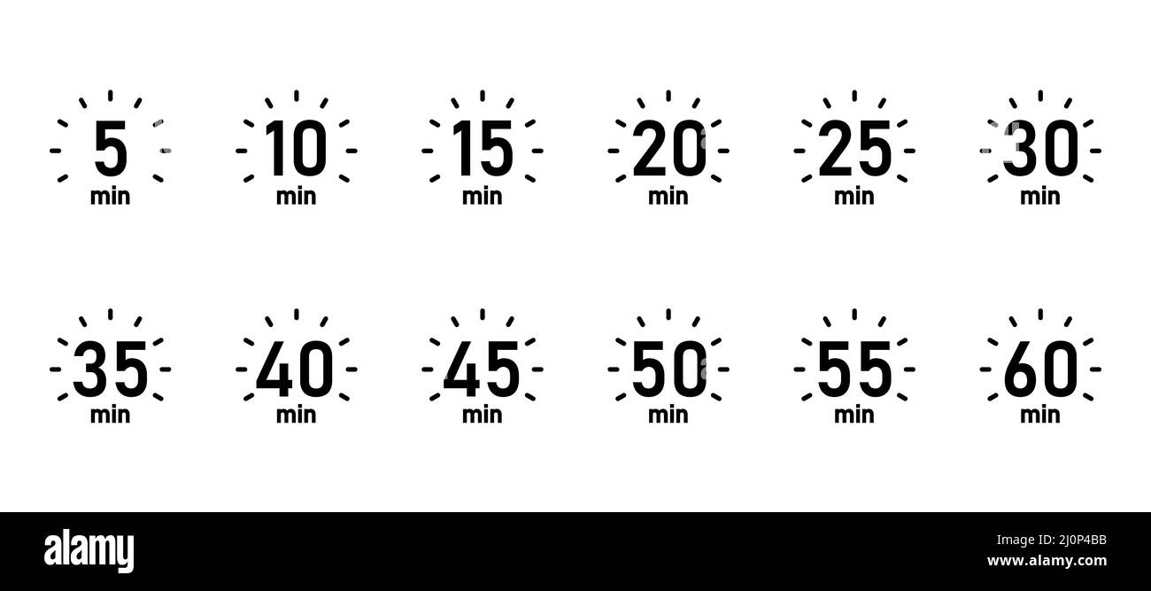 10, 15, 20, 25, 30, 35, 40, 45, 50 min, Timer, Uhr, Vektor für isolierte Set-Symbole Stock Vektor