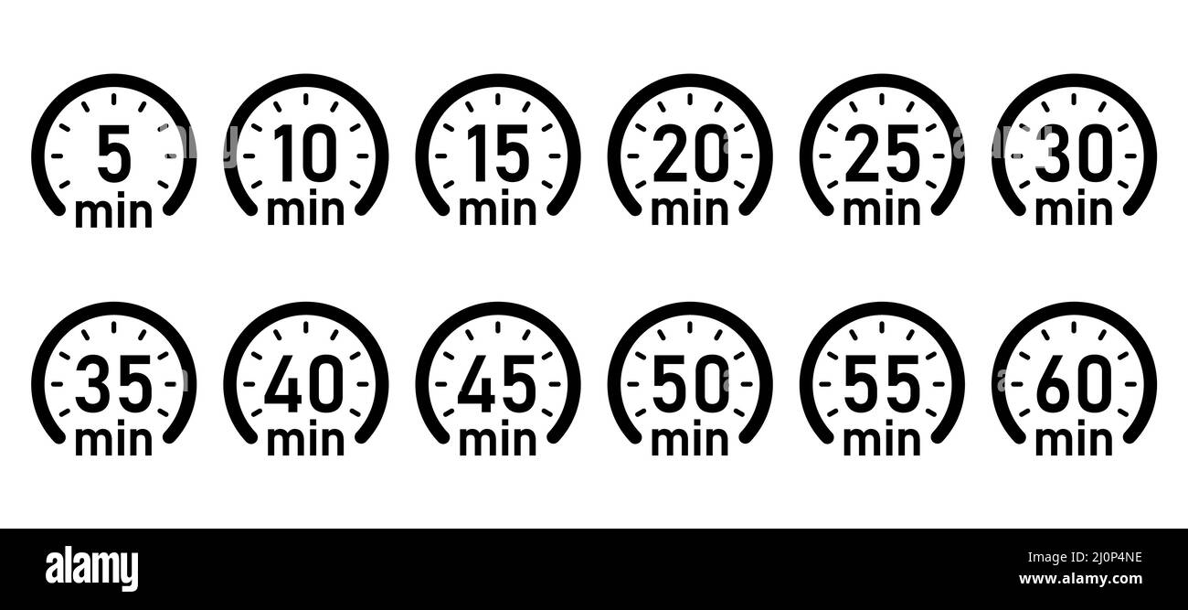 10, 15, 20, 25, 30, 35, 40, 45, 50 min, Timer, Uhr, Vektor für isolierte Set-Symbole Stock Vektor