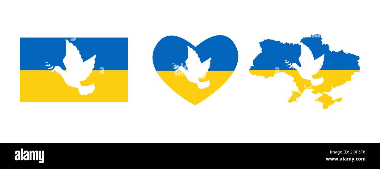 Betet für die Ukraine. Stoppt den Krieg. Fliegende Friedenstaube mit Olivenzweig-Logo-Symbol Stock Vektor