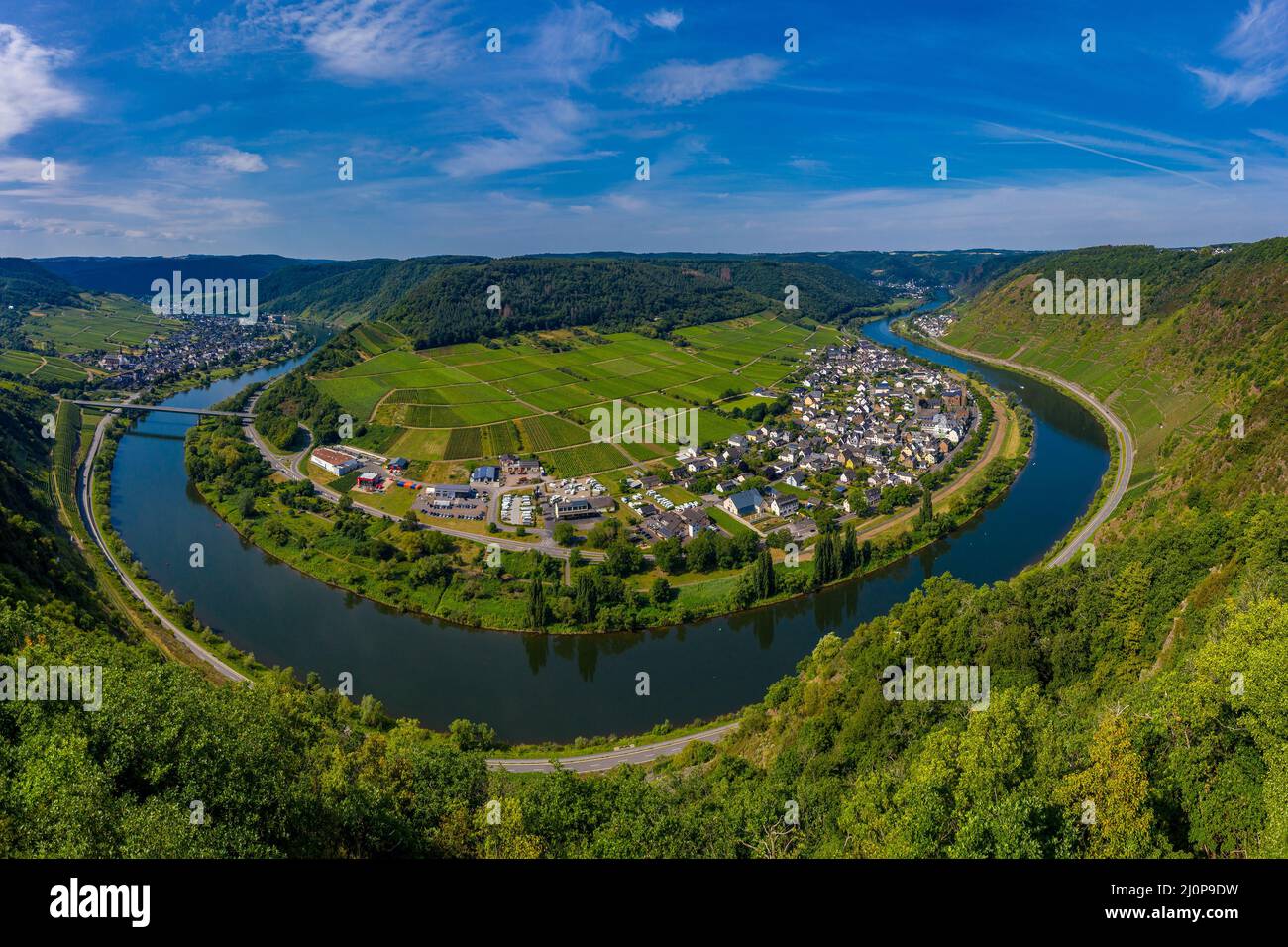 Moselschleife bei Bruttig-Fankel und dem Weinort Ernst. Panoramablick auf die Weinberge der Mosel Stockfoto