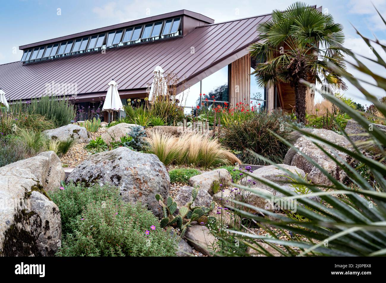 Royal Horticultural Society, Gardeners Rest Restaurant, Hyde Hall, . Auffällige Architektur der Gärtner ruhen, vom Trockengarten aus gesehen. Stockfoto