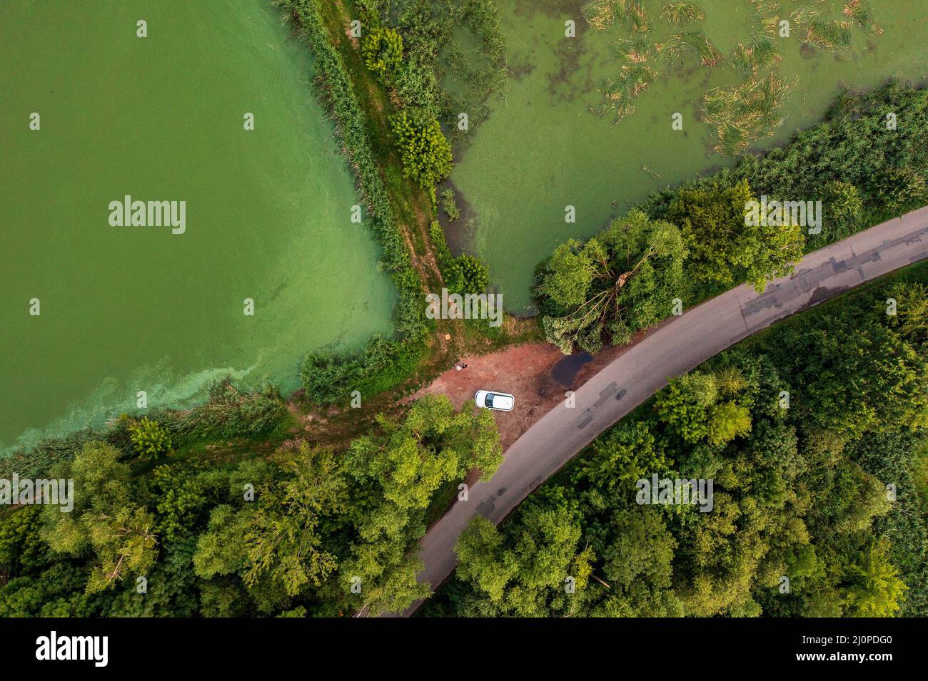 Panoramablick auf das Naturschutzgebiet bei Lubomia in Polen. Drohnenfotografie Stockfoto