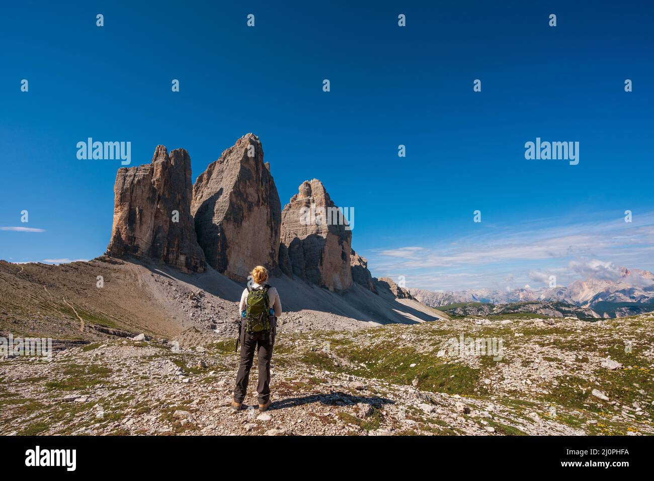Panoramablick auf die Tre Cime di Lavaredo Stockfoto